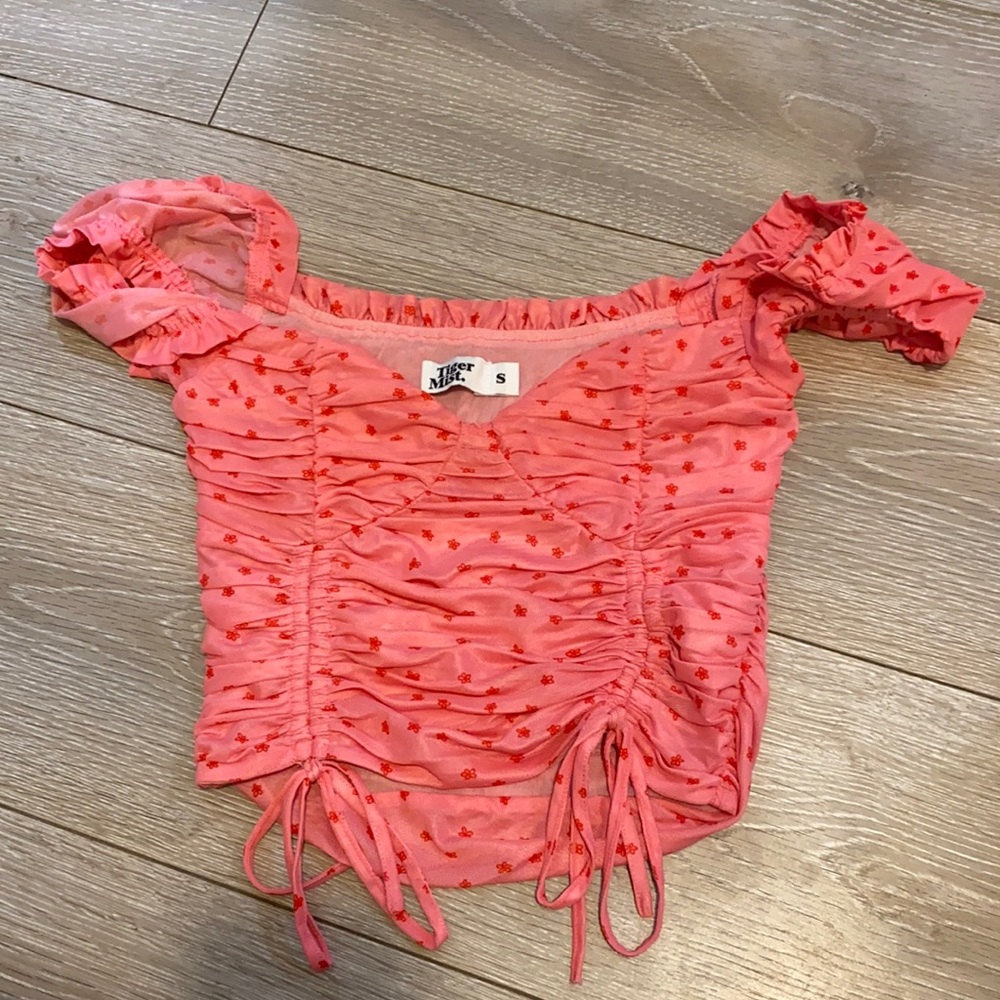 Tiger Mist Pink Ruched Floral Crop Top